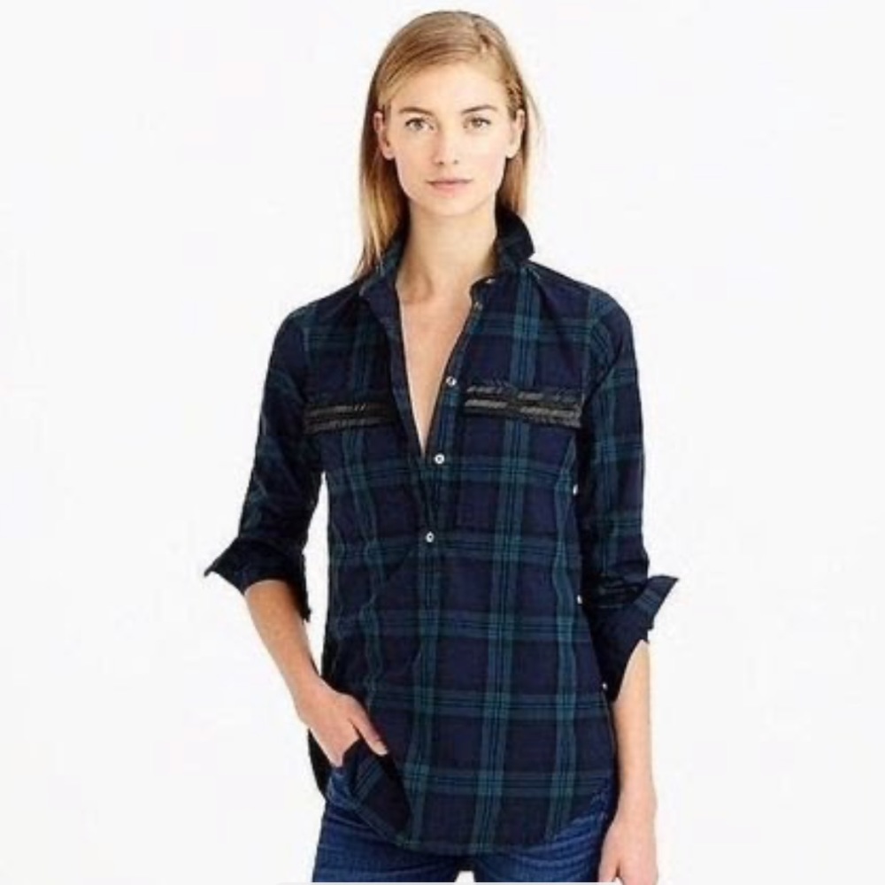 J.Crew Beaded Chevron Plaid Popover Shirt